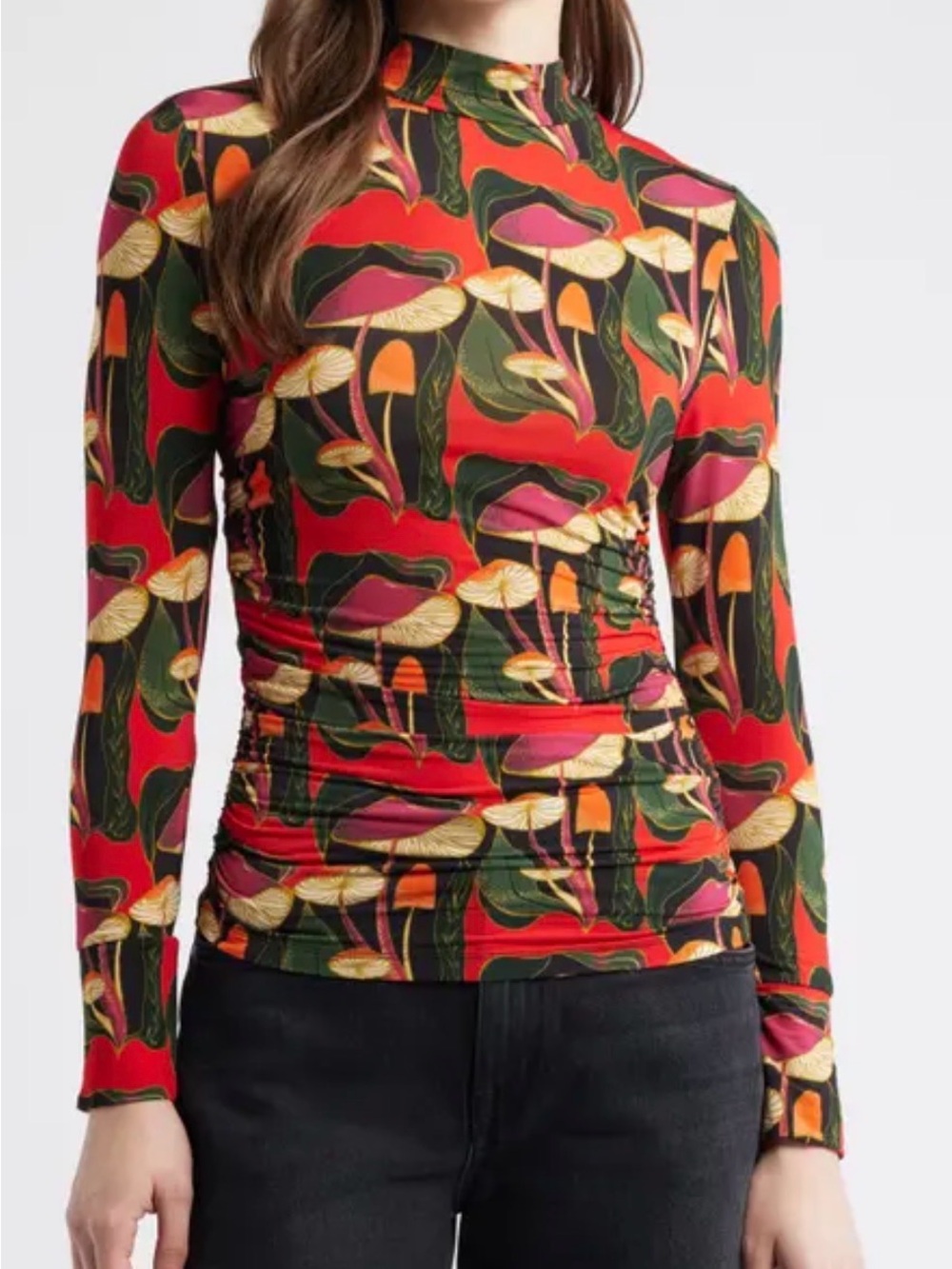 FARM Rio Red Multi-Color Floral Mushroom Mock Neck Long Sleeve Top